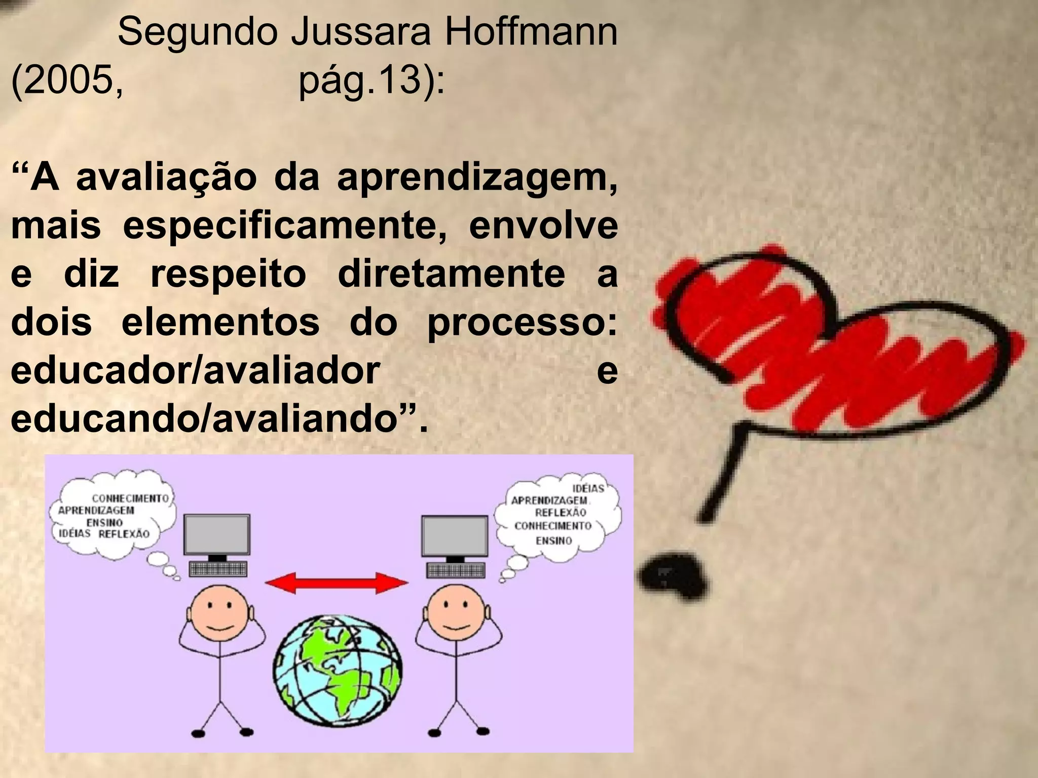 Segundo Jussara Hoffmann
(2005,       pág.13):

“A avaliação da aprendizagem,
mais especificamente, envolve
e diz respeito diretamente a
dois elementos do processo:
educador/avaliador          e
educando/avaliando”.
 