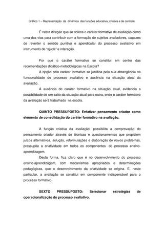 Gráfico 1 – Representação da dinâmica das funções educativa, criativa e de controle.
É nesta direção que se coloca o caráter formativo da avaliação como
uma das vias para contribuir com a formação de sujeitos avaliadores, capazes
de reverter o sentido punitivo e apendicular do processo avaliativo em
instrumento de “ajuda” e interação.
Por que o caráter formativo se constitui em centro das
recomendações didático-metodológicas na Escola?
A opção pelo caráter formativo se justifica pela sua abrangência na
funcionalidade do processo avaliativo e ausência na situação atual da
avaliação.
A ausência do caráter formativo na situação atual, evidencia a
possibilidade de um salto da situação atual para outra, onde o caráter formativo
da avaliação será trabalhado na escola.
QUINTO PRESSUPOSTO: Enfatizar pensamento criador como
elemento de consolidação do caráter formativo na avaliação.
A função criativa da avaliação possibilita a comprovação do
pensamento criador através de técnicas e questionamentos que propiciem
juízos alternativos, solução, reformulações e elaboração de novos problemas,
pressupõe a criatividade em todos os componentes do processo ensino-
aprendizagem.
Desta forma, fica claro que é no desenvolvimento do processo
ensino-aprendizagem, com mecanismos apropriados e determinações
pedagógicas, que o desenvolvimento da criatividade se origina. E, neste
particular, a avaliação se constitui em componente indispensável para o
processo formativo.
SEXTO PRESSUPOSTO: Selecionar estratégias de
operacionalização do processo avaliativo.
 