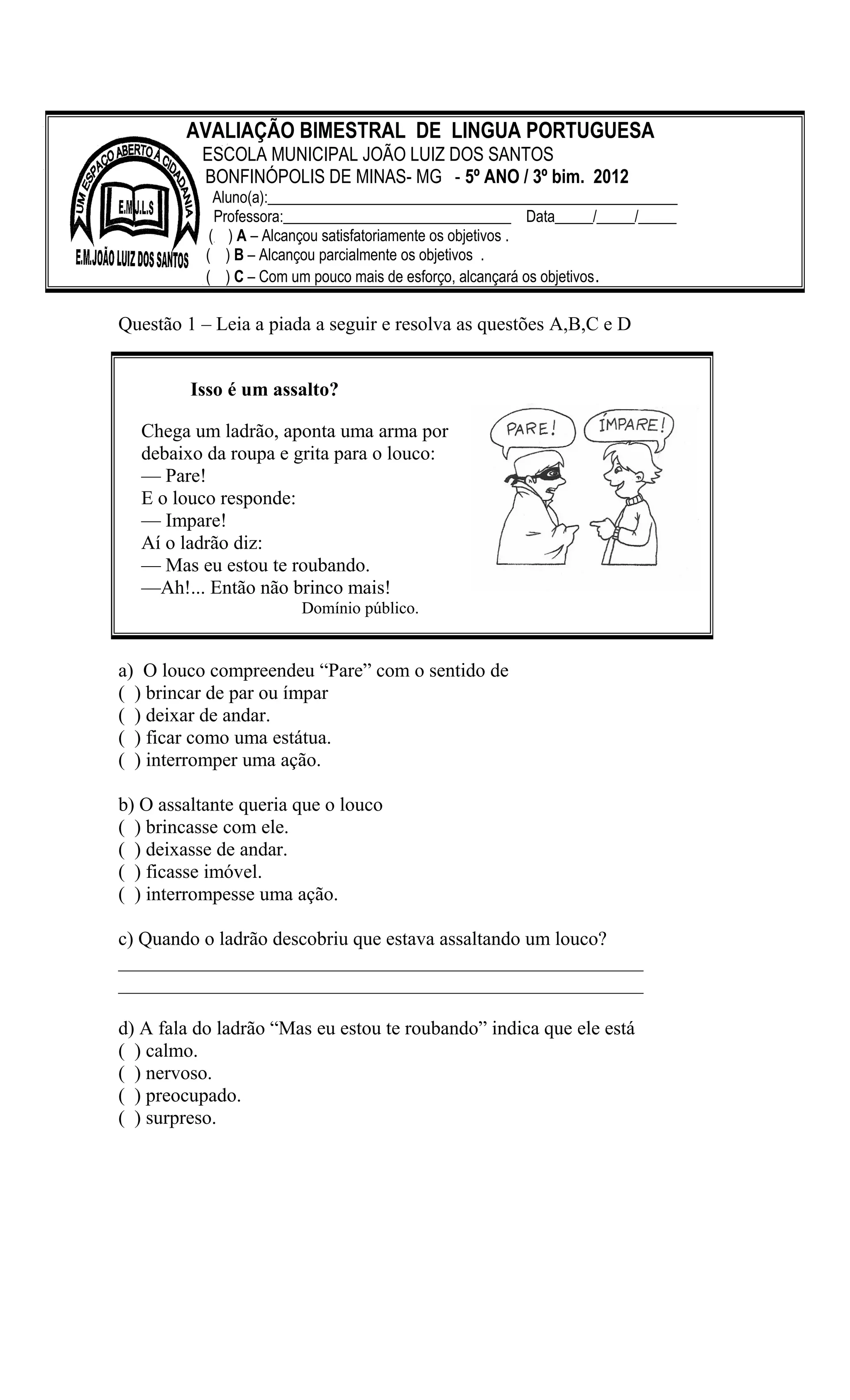 Avaliação bimestral de lingua portuguesa 3 | PDF