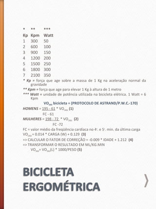 * ** ***
Kp Kpm Watt
1 300 50
2 600 100
3 900 150
4 1200 200
5 1500 250
6 1800 300
7 2100 350
* Kp = força que age sobre a massa de 1 Kg na aceleração normal da
gravidade
** Kpm = força que age para elevar 1 Kg à altura de 1 metro
*** Watt = unidade de potência utilizada na bicicleta elétrica. 1 Watt = 6
Kpm
VO2MÁX bicicleta = (PROTOCOLO DE ASTRAND/P.W.C.-170)
HOMENS = 195 - 61 * VOCARGA (1)
FC - 61
MULHERES = 198 - 72 * VOCARGA (2)
FC -72
FC = valor médio da freqüência cardíaca no 4o
. e 5o
. min. da última carga
VOCARGA= 0.014 * CARGA (W) + 0.129 (3)
=> CALCULAR O FATOR DE CORREÇÃO = -0.009 * IDADE + 1.212 (4)
=> TRANSFORMAR O RESULTADO EM ML/KG.MIN
VO2MAX= VO2MAX(L) * 1000/PESO (5)
 