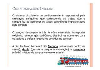 CONSIDERAÇÕES INICIAIS
• O sistema circulatório ou cardiovascular é responsável pela
circulação sanguínea que corresponde ao trajeto que o
sangue faz ao percorrer os vasos sangüíneos impulsionados
pelo coração
• O sangue desempenha três funções essenciais: transportar
oxigênio, remover gás carbônico, distribuir os nutrientes para
os tecidos e defesa (leucócitos contidos no sangue)
• A circulação no homem é dita fechada (unicamente dentro de
vasos), dupla (grande e pequena circulação) e completa
(não há mistura de sangue venoso e arterial)
 