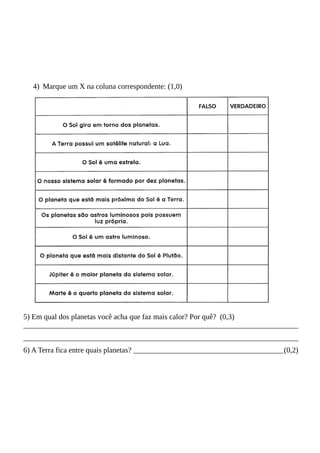 4) Marque um X na coluna correspondente: (1,0)
5) Em qual dos planetas você acha que faz mais calor? Por quê? (0,3)
_________________________________________________________________________
_________________________________________________________________________
6) A Terra fica entre quais planetas? ________________________________________(0,2)
 
