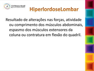 Fábio Mazzola
Resultado de alterações nas forças, atividade
ou comprimento dos músculos abdominais,
espasmo dos músculos extensores da
coluna ou contratura em flexão do quadril.
 