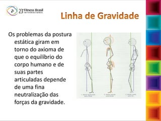 Mazzola & Zaparoli
Os problemas da postura
estática giram em
torno do axioma de
que o equilíbrio do
corpo humano e de
suas partes
articuladas depende
de uma fina
neutralização das
forças da gravidade.
 