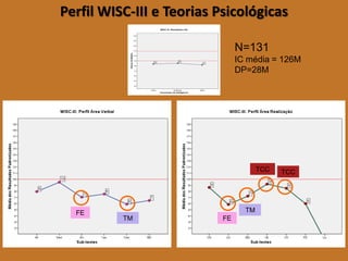 Perfil WISC-III e Teorias Psicológicas 
N=131 
IC média = 126M 
DP=28M 
FE 
TM 
TM 
TCC 
TCC 
FE  
