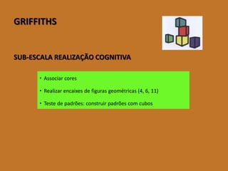 GRIFFITHS 
SUB-ESCALA REALIZAÇÃO COGNITIVA 
Associar cores 
Realizar encaixesde figuras geométricas (4, 6, 11) 
Teste de padrões: construir padrões com cubos  