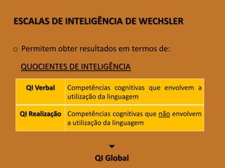 ESCALASDEINTELIGÊNCIADEWECHSLER 
oPermitemobterresultadosemtermosde: 
QUOCIENTESDEINTELIGÊNCIA 
 
QI Global 
QI Verbal 
Competênciascognitivasqueenvolvemautilizaçãodalinguagem 
QI Realização 
Competênciascognitivasquenãoenvolvemautilizaçãodalinguagem  