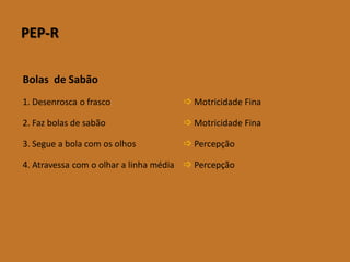PEP-R 
Bolas de Sabão 
1. Desenrosca o frasco 
Motricidade Fina 
2. Faz bolas de sabão 
Motricidade Fina 
3. Segue a bola com os olhos 
Percepção 
4.Atravessacomoolharalinhamédia 
Percepção  