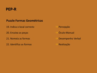 PEP-R 
Puzzle Formas Geométricas 
19.Indica o local correcto 
Percepção 
20. Encaixaas peças 
Óculo-Manual 
21. Nomeiaas formas 
DesempenhoVerbal 
22.Identificaasformas 
Realização  