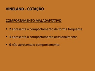 VINELAND-COTAÇÃO 
COMPORTAMENTOMALADAPTATIVO 
2apresentaocomportamentodeformafrequente 
1apresentaocomportamentoocasionalmente 
0nãoapresentaocomportamento  