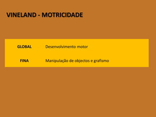 VINELAND-MOTRICIDADE 
GLOBAL 
Desenvolvimentomotor 
FINA 
Manipulaçãodeobjectosegrafismo  
