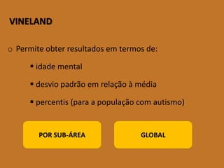 VINELAND 
oPermite obter resultados em termos de: 
idade mental 
desvio padrão em relação à média 
percentis (para a população com autismo) 
GLOBAL 
POR SUB-ÁREA  
