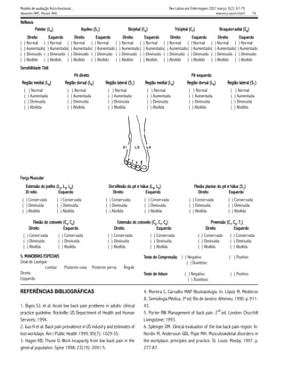 Modelo de avaliação físico-funcional...                                                                    Rev Latino-am Enfermagem 2001 março; 9(2): 67-75
Alexandre NMC, Moraes MAA.                                                                                                                      www.eerp.usp.br/rlaenf    74

Reflexos
 efle
   lex
               Patelar (L4)                    Aquileu (S1)                    Bicipital (C5)                    Tricipital (C7)                  Braquior r adial (C6)
                                                                                                                                                  Braquior
                                                                                                                                                    aquiorr
       Direito
       Direito          Esquerdo
                        Esquerdo          Direito
                                          Direito         Esquerdo
                                                          Esquerdo           Direito
                                                                            Direito        Esquerdo
                                                                                           Esquerdo         Direito
                                                                                                            Direito             Esquerdo
                                                                                                                                Esquerdo         Direito
                                                                                                                                                 Direito     Esquerdo
                                                                                                                                                             Esquerdo
(    ) Normal (        ) Normal (       ) Normal (       ) Normal    (    ) Normal (      ) Normal (      ) Normal (           ) Normal (      ) Normal ( ) Normal
(    ) Aumentado(      ) Aumentado(     ) Aumentado(     ) Aumentado (    ) Aumentado (   ) Aumentado(    ) Aumentado (        ) Aumentado(    ) Aumentado( ) Aumentado
(    ) Diminuído (     ) Diminuído (    ) Diminuído (    ) Diminuído (    ) Diminuído (   ) Diminuído (   ) Diminuído (        ) Diminuído (   ) Diminuído ( ) Diminuído
(    ) Abolido (       ) Abolido (      ) Abolido (      ) Abolido   (    ) Abolido (     ) Abolido (     ) Abolido (          ) Abolido (     ) Abolido ( ) Abolido
Sensibilidade Tátil
                                              direito
                                           Pé direito                                                                             esquerdo
                                                                                                                               Pé esquerdo
    Região medial (L4)            Região dor sal (L5)
                                  Re     dorsal                 Região lateral (S1)
                                                                Re     later
                                                                         teral             Região medial (L4)
                                                                                           Re                             Região dor sal (L5)
                                                                                                                          Re     dorsal                 Região lateral (S1)
                                                                                                                                                        Re     later
                                                                                                                                                                 teral
     (     ) Normal                 (    ) Normal                (    ) Normal              (    ) Normal                  (    ) Normal                   (    ) Normal
     (    ) Aumentada               (   ) Aumentada              (   ) Aumentada            (   ) Aumentada                (   ) Aumentada                 (   ) Aumentada
     (    ) Diminuída               (   ) Diminuída              (   ) Diminuída            (   ) Diminuída                (   ) Diminuída                 (   ) Diminuída
     (    ) Abolida                 (   ) Abolida                (   ) Abolida              (   ) Abolida                  (   ) Abolida                   (   ) Abolida




Força Muscular
         Extensão do joelho (L2, L3, L4)                          Dor siflexão do pé e hálux (L4, L5)
                                                                  Dorsiflexão
                                                                      sifle                                                     Flexão plantar do pé e hálux (S1)
                                                                                                                                Fle
                                                                                                                                 lexão
            reito
         Di reito            Esquerdo
                             Esquerdo                               Direito
                                                                    Direito               Esquerdo
                                                                                          Esquerdo                                 Direito
                                                                                                                                   Direito            Esquerdo
                                                                                                                                                      Esquerdo
    ( ) Conservada            ( ) Conservada                    ( ) Conservada            ( ) Conservada                   ( ) Conservada                ( ) Conservada
    ( ) Diminuída             ( ) Diminuída                     ( ) Diminuída             ( ) Diminuída                    ( ) Diminuída                 ( ) Diminuída
    ( ) Abolida               ( ) Abolida                       ( ) Abolida               ( ) Abolida                      ( ) Abolida                   ( ) Abolida

              Flexão do cotovelo (C5, C6)
              Fle
               lexão cotov                                              Extensão do cotovelo (C6, C7, C8)
                                                                                    cotov                                                 Preensão (C7, C8, T1)
                                                                                                                                          Preensão
           Direito
           Direito               Esquerdo
                                 Esquer do                            Direito
                                                                      Direito                   Esquerdo
                                                                                                Esquerdo                               Direito
                                                                                                                                       Direito          Esquerdo
                                                                                                                                                        Esquerdo
    ( ) Conservada            ( ) Conservada                     ( ) Conservada                 ( ) Conservada                     ( ) Conservada         ( ) Conservada
    ( ) Diminuída             ( ) Diminuída                      ( ) Diminuída                  ( ) Diminuída                      ( ) Diminuída          ( ) Diminuída
    ( ) Abolida               ( ) Abolida                        ( ) Abolida                    ( ) Abolida                        ( ) Abolida            ( ) Abolida

5. MANOBRAS ESPECIAIS                                                                     Teste de Compressão ( ) Negativo
                                                                                                   Compressão                                            ( ) Positivo
Sinal de Lasègue                                                                                                 ( ) Duvidoso
               Lombar             Posterior coxa        Posterior perna     Ângulo
Direito                                                                                   Teste de Adson                ( ) Negativo                      ( ) Positivo
Esquerdo                                                                                                                  ( ) Duvidoso

REFERÊNCIAS BIBLIOGRÁFICAS                                                                4. Moreira C, Carvalho MAP. Reumatologia. In: López M, Medeiros
                                                                                          JL. Semiologia Médica. 3ª ed. Rio de Janeiro: Atheneu; 1990. p. 911-
1. Bigos S.J. et al. Acute low back pain problems in adults: clinical                     43.
                                                                                                                                       nd
practice guideline. Rockville: US Department of Health and Human                          5. Porter RW. Management of back pain. 2 .ed. London: Churchill
Services; 1994.                                                                           Livingstone; 1993.
2. Guo H et al. Back pain prevalence in US industry and estimates of                      6. Splenger DM. Clinical evaluation of the low back pain region. In:
lost workdays. Am J Public Health 1999; 89(7): 1029-35.                                   Nordin M, Andersson GBJ, Pope MH. Musculoskeletal disorders in
3. Hagen KB, Thune O. Work incapacity from low back pain in the                           the workplace: principles and practice. St. Louis: Mosby; 1997. p.
general population. Spine 1998; 23(19): 2091-5.                                           277-87.
 