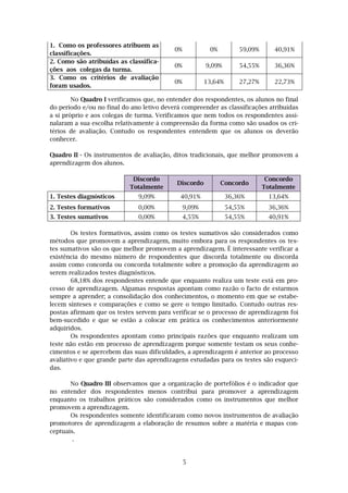 5
1. Como os professores atribuem as
classificações.
0% 0% 59,09% 40,91%
2. Como são atribuídas as classifica-
ções aos colegas da turma.
0% 9,09% 54,55% 36,36%
3. Como os critérios de avaliação
foram usados.
0% 13,64% 27,27% 22,73%
No Quadro I verificamos que, no entender dos respondentes, os alunos no final
do período e/ou no final do ano letivo deverá compreender as classificações atribuídas
a si próprio e aos colegas de turma. Verificamos que nem todos os respondentes assi-
nalaram a sua escolha relativamente à compreensão da forma como são usados os cri-
térios de avaliação. Contudo os respondentes entendem que os alunos os deverão
conhecer.
Quadro II - Os instrumentos de avaliação, ditos tradicionais, que melhor promovem a
aprendizagem dos alunos.
Discordo
Totalmente
Discordo Concordo
Concordo
Totalmente
1. Testes diagnósticos 9,09% 40,91% 36,36% 13,64%
2. Testes formativos 0,00% 9,09% 54,55% 36,36%
3. Testes sumativos 0,00% 4,55% 54,55% 40,91%
Os testes formativos, assim como os testes sumativos são considerados como
métodos que promovem a aprendizagem, muito embora para os respondentes os tes-
tes sumativos são os que melhor promovem a aprendizagem. É interessante verificar a
existência do mesmo número de respondentes que discorda totalmente ou discorda
assim como concorda ou concorda totalmente sobre a promoção da aprendizagem ao
serem realizados testes diagnósticos.
68,18% dos respondentes entende que enquanto realiza um teste está em pro-
cesso de aprendizagem. Algumas respostas apontam como razão o facto de estarmos
sempre a aprender; a consolidação dos conhecimentos, o momento em que se estabe-
lecem sínteses e comparações e como se gere o tempo limitado. Contudo outras res-
postas afirmam que os testes servem para verificar se o processo de aprendizagem foi
bem-sucedido e que se estão a colocar em prática os conhecimentos anteriormente
adquiridos.
Os respondentes apontam como principais razões que enquanto realizam um
teste não estão em processo de aprendizagem porque somente testam os seus conhe-
cimentos e se apercebem das suas dificuldades, a aprendizagem é anterior ao processo
avaliativo e que grande parte das aprendizagens estudadas para os testes são esqueci-
das.
No Quadro III observamos que a organização de portefólios é o indicador que
no entender dos respondentes menos contribui para promover a aprendizagem
enquanto os trabalhos práticos são considerados como os instrumentos que melhor
promovem a aprendizagem.
Os respondentes somente identificaram como novos instrumentos de avaliação
promotores de aprendizagem a elaboração de resumos sobre a matéria e mapas con-
ceptuais.
.
 