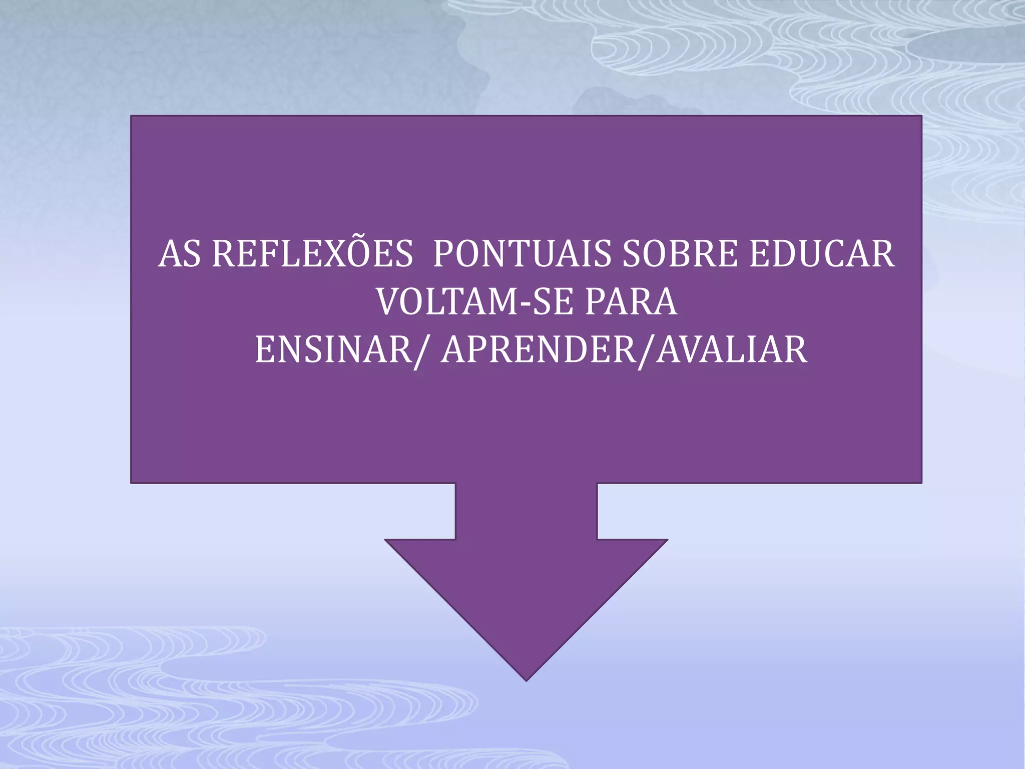 AS REFLEXÕES PONTUAIS SOBRE EDUCAR
VOLTAM-SE PARA
ENSINAR/ APRENDER/AVALIAR

 