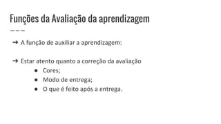 Funções da Avaliação da aprendizagem
➔ A função de auxiliar a aprendizagem:
➔ Estar atento quanto a correção da avaliação
● Cores;
● Modo de entrega;
● O que é feito após a entrega.
 