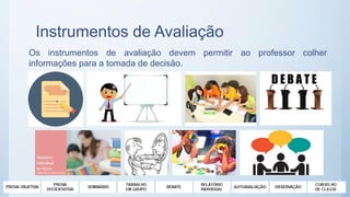 Instrumentos de Avaliação
Os instrumentos de avaliação devem permitir ao professor colher
informações para a tomada de decisão.
 