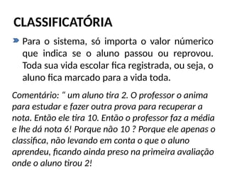 CLASSIFICATÓRIA
• Para o sistema, só importa o valor númerico
que indica se o aluno passou ou reprovou.
Toda sua vida escolar fica registrada, ou seja, o
aluno fica marcado para a vida toda.
Comentário: “ um aluno tira 2. O professor o anima
para estudar e fazer outra prova para recuperar a
nota. Então ele tira 10. Então o professor faz a média
e lhe dá nota 6! Porque não 10 ? Porque ele apenas o
classifica, não levando em conta o que o aluno
aprendeu, ficando ainda preso na primeira avaliação
onde o aluno tirou 2!
 