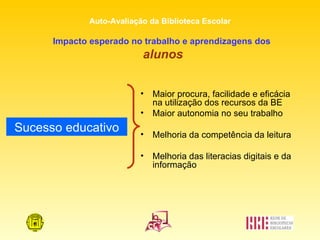 Impacto esperado no trabalho e aprendizagens dos  alunos Maior procura, facilidade e eficácia na utilização dos recursos da BE Maior autonomia no seu trabalho Melhoria da competência da leitura Melhoria das literacias digitais e da informação Sucesso educativo 