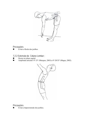 Precauções
     Evitar a flexão dos joelhos.


7.2.2 Extensão da Coluna Lombar :
     Ocorre no plano sagital.
     Amplitude articular: 0°-35° (Marques, 2003) e 0°-20/35° (Magee, 2002).




Precauções
     Evitar a hiperextensão dos joelhos.
 