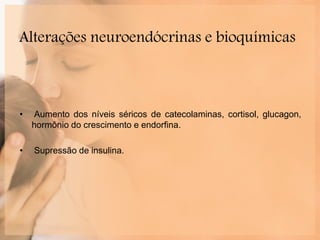 Alterações neuroendócrinas e bioquímicas
• Aumento dos níveis séricos de catecolaminas, cortisol, glucagon,
hormônio do crescimento e endorfina.
• Supressão de insulina.
 