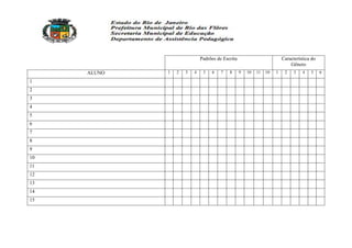 Padrões de Escrita                          Característica do
                                                                             Gênero
     ALUNO   1   2   3   4    5   6    7   8      9   10   11   10   1    2    3   4   5     6

1
2
3
4
5
6
7
8
9
10
11
12
13
14
15
 