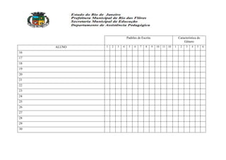 Padrões de Escrita                          Característica do
                                                                             Gênero
     ALUNO   1   2   3   4    5   6    7   8      9   10   11   10   1    2    3   4   5     6

16
17
18
19
20
21
22
23
24
25
26
27
28
29
30
 