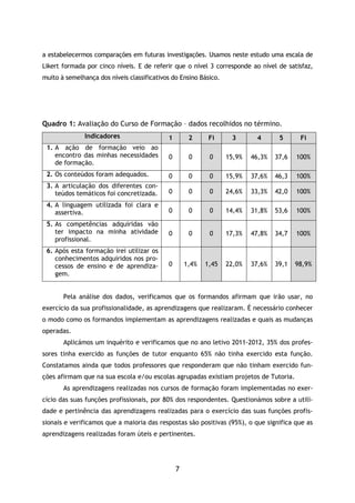 7
a estabelecermos comparações em futuras investigações. Usamos neste estudo uma escala de
Likert formada por cinco níveis. E de referir que o nível 3 corresponde ao nível de satisfaz,
muito à semelhança dos níveis classificativos do Ensino Básico.
Quadro 1: Avaliação do Curso de Formação – dados recolhidos no término.
Indicadores 1 2 Fi 3 4 5 Fi
1. A ação de formação veio ao
encontro das minhas necessidades
de formação.
0 0 0 15,9% 46,3% 37,6 100%
2. Os conteúdos foram adequados. 0 0 0 15,9% 37,6% 46,3 100%
3. A articulação dos diferentes con-
teúdos temáticos foi concretizada. 0 0 0 24,6% 33,3% 42,0 100%
4. A linguagem utilizada foi clara e
assertiva. 0 0 0 14,4% 31,8% 53,6 100%
5. As competências adquiridas vão
ter impacto na minha atividade
profissional.
0 0 0 17,3% 47,8% 34,7 100%
6. Após esta formação irei utilizar os
conhecimentos adquiridos nos pro-
cessos de ensino e de aprendiza-
gem.
0 1,4% 1,45 22,0% 37,6% 39,1 98,9%
Pela análise dos dados, verificamos que os formandos afirmam que irão usar, no
exercício da sua profissionalidade, as aprendizagens que realizaram. É necessário conhecer
o modo como os formandos implementam as aprendizagens realizadas e quais as mudanças
operadas.
Aplicámos um inquérito e verificamos que no ano letivo 2011-2012, 35% dos profes-
sores tinha exercido as funções de tutor enquanto 65% não tinha exercido esta função.
Constatamos ainda que todos professores que responderam que não tinham exercido fun-
ções afirmam que na sua escola e/ou escolas agrupadas existiam projetos de Tutoria.
As aprendizagens realizadas nos cursos de formação foram implementadas no exer-
cício das suas funções profissionais, por 80% dos respondentes. Questionámos sobre a utili-
dade e pertinência das aprendizagens realizadas para o exercício das suas funções profis-
sionais e verificamos que a maioria das respostas são positivas (95%), o que significa que as
aprendizagens realizadas foram úteis e pertinentes.
 