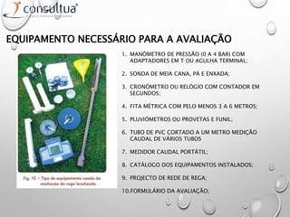 EQUIPAMENTO NECESSÁRIO PARA A AVALIAÇÃO
1. MANÓMETRO DE PRESSÃO (0 A 4 BAR) COM
ADAPTADORES EM T OU AGULHA TERMINAL;
2. SONDA DE MEIA CANA, PÁ E ENXADA;
3. CRONÓMETRO OU RELÓGIO COM CONTADOR EM
SEGUNDOS;
4. FITA MÉTRICA COM PELO MENOS 3 A 6 METROS;
5. PLUVIÓMETROS OU PROVETAS E FUNIL;
6. TUBO DE PVC CORTADO A UM METRO MEDIÇÃO
CAUDAL DE VÁRIOS TUBOS
7. MEDIDOR CAUDAL PORTÁTIL;
8. CATÁLOGO DOS EQUIPAMENTOS INSTALADOS;
9. PROJECTO DE REDE DE REGA;
10.FORMULÁRIO DA AVALIAÇÃO;
 