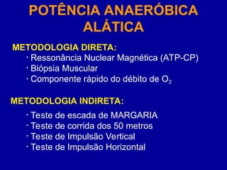 • Ressonância Nuclear Magnética (ATP-CP)
• Biópsia Muscular
• Componente rápido do débito de O2
POTÊNCIA ANAERÓBICA
ALÁTICA
• Teste de escada de MARGARIA
• Teste de corrida dos 50 metros
• Teste de Impulsão Vertical
• Teste de Impulsão Horizontal
METODOLOGIA DIRETA:
METODOLOGIA INDIRETA:
 