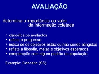 AVALIAÇÃO
determina a importância ou valor
da informação coletada
• classifica os avaliados
• reflete o progresso
• indica se os objetivos estão ou não sendo atingidos
• reflete a filosofia, metas e objetivos esperados
• comparação com algum padrão ou população
Exemplo: Conceito (SS)
 