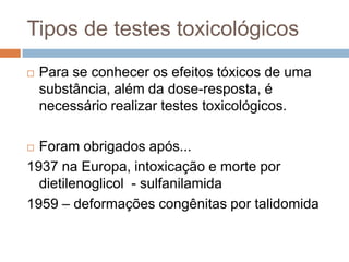 Tipos de testes toxicológicos


Para se conhecer os efeitos tóxicos de uma
substância, além da dose-resposta, é
necessário realizar testes toxicológicos.

Foram obrigados após...
1937 na Europa, intoxicação e morte por
dietilenoglicol - sulfanilamida
1959 – deformações congênitas por talidomida


 