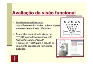 Avaliação da visão funcional
Acuidade visual funcional
para diferentes distâncias, sob condições
luminosas e contraste diferentes;
As escalas de acuidade visual de
ETDRS foram desenvolvidas pelo
National Institute of Health
(Ferris et al, 1982) para o estudo do
tratamento precoce da retinopatia
diabética.

Fonte: http://www.metrovision.fr/
6

 