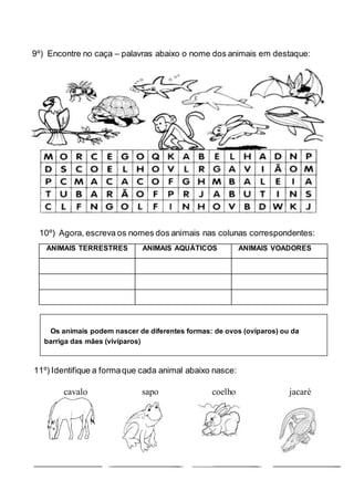 9º) Encontre no caça – palavras abaixo o nome dos animais em destaque:
10º) Agora, escreva os nomes dos animais nas colunas correspondentes:
ANIMAIS TERRESTRES ANIMAIS AQUÁTICOS ANIMAIS VOADORES
Os animais podem nascer de diferentes formas: de ovos (ovíparos) ou da
barriga das mães (vivíparos)
11º) Identifique a formaque cada animal abaixo nasce:
cavalo sapo coelho jacaré
_ ___ ______ ___ __
 