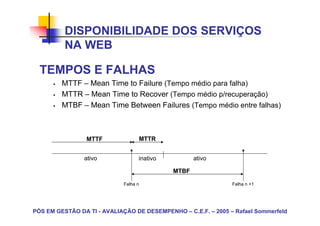 DISPONIBILIDADE DOS SERVIÇOS
          NA WEB

  TEMPOS E FALHAS
         MTTF – Mean Time to Failure (Tempo médio para falha)
         MTTR – Mean Time to Recover (Tempo médio p/recuperação)
         MTBF – Mean Time Between Failures (Tempo médio entre falhas)



                 MTTF             MTTR


                ativo             inativo          ativo

                                            MTBF

                            Falha n                            Falha n +1




PÓS EM GESTÃO DA TI - AVALIAÇÃO DE DESEMPENHO – C.E.F. – 2005 – Rafael Sommerfeld
 