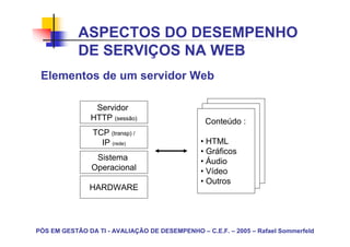 ASPECTOS DO DESEMPENHO
            DE SERVIÇOS NA WEB
 Elementos de um servidor Web

                Servidor
               HTTP (sessão)                      Conteúdo :
                                                 Conteúdo :
                                                  - HTML
                TCP (transp) /                    - Gráficos
                  IP (rede)                    • HTML
                                                  - Áudio
                                               • Gráficos
                 Sistema                          - Vídeo
                                               • Áudio
                Operacional                       - Outros
                                               • Vídeo
                                               • Outros
               HARDWARE




PÓS EM GESTÃO DA TI - AVALIAÇÃO DE DESEMPENHO – C.E.F. – 2005 – Rafael Sommerfeld
 