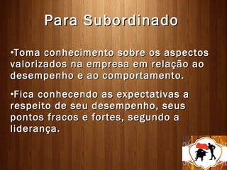 Para Subordinado

•Toma conhecimento sobre os aspectos
valorizados na empresa em relação ao
desempenho e ao comportamento.
•Fica conhecendo as expectativas a
respeito de seu desempenho, seus
pontos fracos e fortes, segundo a
liderança.
 