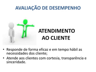 AVALIAÇÃO DE DESEMPENHO
• Responde de forma eficaz e em tempo hábil as
necessidades dos cliente;
• Atende aos clientes com cortesia, transparência e
sinceridade.
ATENDIMENTO
AO CLIENTE
 