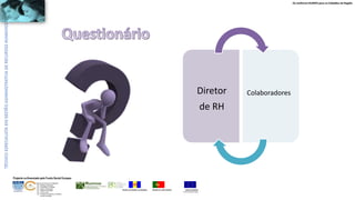 Os melhores RUMOS para os Cidadãos da Região
UNIÃO EUROPEIA
Fundo Social Europeu
REPÚBLICA PORTUGUESAREGIÃO AUTÓNOMA DA MADEIRA
ÁREAS DE EDUCAÇÃO E FORMAÇÃO
- 342 - Marketing e publicidade
- 344 - Contabilidade e fiscalidade
- 345 - Gestão e administração
- 811 - Hotelaria e restauração
- 812 - Turismo e lazer
- 146 - Formação de professores e formadores
de áreas tecnológicas
Projecto co-financiado pelo Fundo Social Europeu
Diretor
de RH
Colaboradores
 