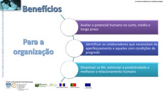 Os melhores RUMOS para os Cidadãos da Região
UNIÃO EUROPEIA
Fundo Social Europeu
REPÚBLICA PORTUGUESAREGIÃO AUTÓNOMA DA MADEIRA
ÁREAS DE EDUCAÇÃO E FORMAÇÃO
- 342 - Marketing e publicidade
- 344 - Contabilidade e fiscalidade
- 345 - Gestão e administração
- 811 - Hotelaria e restauração
- 812 - Turismo e lazer
- 146 - Formação de professores e formadores
de áreas tecnológicas
Projecto co-financiado pelo Fundo Social Europeu
Avaliar o potencial humano no curto, médio e
longo prazo
Identificar os colaboradores que necessitam de
aperfeiçoamento e aqueles com condições de
progredir
Dinamizar os RH, estimular a produtividade e
melhorar o relacionamento humano
 