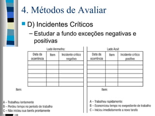 4. Métodos de Avaliar
 D) Incidentes Críticos
– Estudar a fundo exceções negativas e
positivas
 