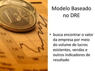 Modelo Baseado
    no DRE


• busca encontrar o valor
  da empresa por meio
  do volume de lucros
  existentes, vendas e
  outros indicadores de
  resultado
 