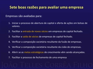 Sete boas razões para avaliar uma empresa

Empresas são avaliadas para:

  1. Iniciar o processo de abertura de capital e oferta de ações em bolsas de
     valores.

  2. Facilitar a entrada de novos sócios em empresas de capital fechado.

  3. Facilitar a saída de sócios de empresas de capital fechado.

  4. Verificar a composição societária resultante da fusão de empresas.

  5. Verificar a composição societária resultante da cisão de empresas.

  6. Aferir se as metas estratégicas de crescimento vêm sendo alcançadas.

  7. Facilitar o processo de fechamento de uma empresa
 