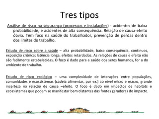 Tres tipos Análise de risco na segurança (processos e instalações ) - acidentes de baixa probabilidade, e acidentes de alta consequência. Relação de causa-efeito óbvia. Tem foco na saúde do trabalhador, prevenção de perdas dentro dos limites do trabalho. Estudo de risco sobre a saúde  – alta probabilidade, baixa consequência, contínuos, exposição crônica; latência longa, efeitos retardados. As relações de causa e efeito não são facilmente estabelecidas. O foco é dado para a saúde dos seres humanos, for a do ambiente de trabalho. Estudo de risco ecológico  – uma complexidade de interaçòes entre populações, comunidades e ecossistemas (cadeia alimentar, por ex.) ao nível micro e macro, grande incerteza na relação de causa –efeito. O foco é dado em impactos de habitats e ecossistemas que podem se manifestar bem distantes das fontes geradoras do impacto. 