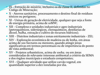  IX - Extração de minério, inclusive os da classe II, definidas no
Código de Mineração;
 X - Aterros sanitários, processamento e destino final de resíduos
tóxicos ou perigosos;
 Xl - Usinas de geração de eletricidade, qualquer que seja a fonte
de energia primária, acima de 10MW;
 XII - Complexo e unidades industriais e agro-industriais
(petroquímicos, siderúrgicos, cloroquímicos, destilarias de
álcool, hulha, extração e cultivo de recursos hídricos);
 XIII - Distritos industriais e zonas estritamente industriais - ZEI;
 XIV - Exploração econômica de madeira ou de lenha, em áreas
acima de 100 hectares ou menores, quando atingir áreas
significativas em termos percentuais ou de importância do ponto
de vista ambiental;
 XV - Projetos urbanísticos, acima de 100ha. ou em áreas
consideradas de relevante interesse ambiental a critério da SEMA
e dos órgãos municipais e estaduais competentes;
 XVI - Qualquer atividade que utilize carvão vegetal, em
quantidade superior a dez toneladas por dia.
 