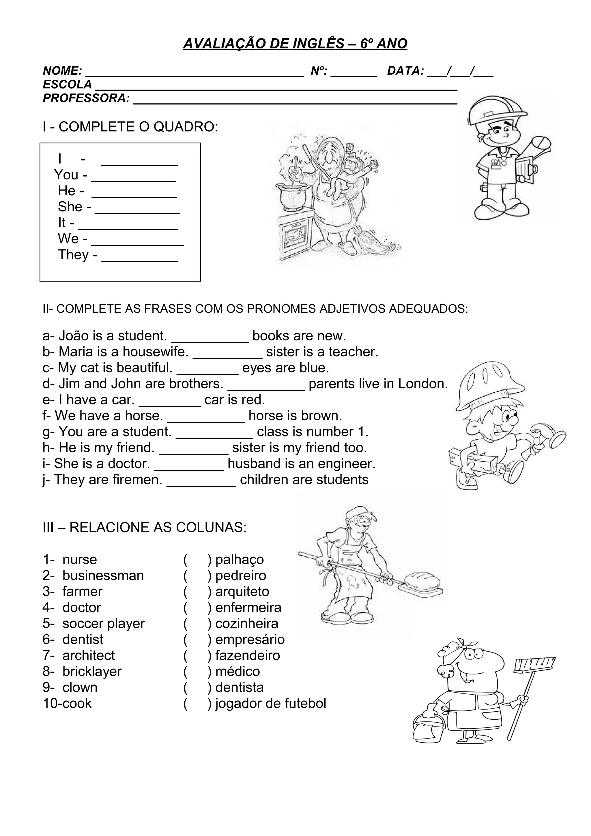 Avaliação de inglês-6º_pron_e__prof_2 | DOC