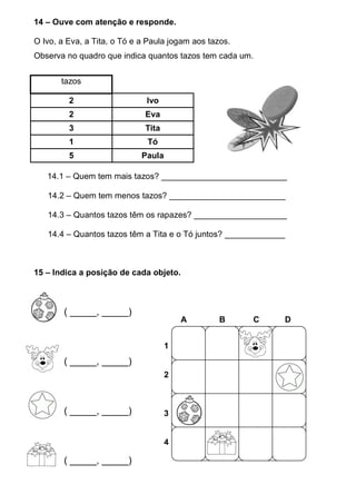 14 – Ouve com atenção e responde.
O Ivo, a Eva, a Tita, o Tó e a Paula jogam aos tazos.
Observa no quadro que indica quantos tazos tem cada um.
14.1 – Quem tem mais tazos? ___________________________
14.2 – Quem tem menos tazos? _________________________
14.3 – Quantos tazos têm os rapazes? ____________________
14.4 – Quantos tazos têm a Tita e o Tó juntos? _____________
15 – Indica a posição de cada objeto.
( _____, _____)
( _____, _____)
( _____, _____)
( _____, _____)
tazos
2 Ivo
2 Eva
3 Tita
1 Tó
5 Paula
A B C D
1
2
3
4
 