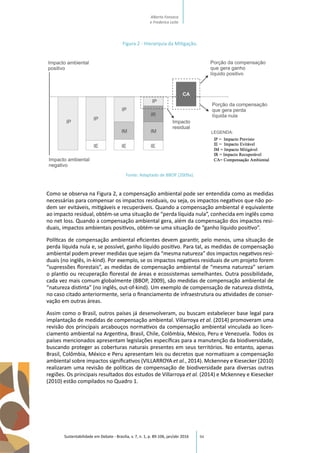 94
Figura 2 - Hierarquia da Mitigação.
Fonte: Adaptado de BBOP (2009a).
Como se observa na Figura 2, a compensação ambiental pode ser entendida como as medidas
necessárias para compensar os impactos residuais, ou seja, os impactos negativos que não po-
dem ser evitáveis, mitigáveis e recuperáveis. Quando a compensação ambiental é equivalente
ao impacto residual, obtém-se uma situação de “perda líquida nula”, conhecida em inglês como
no net loss. Quando a compensação ambiental gera, além da compensação dos impactos resi-
duais, impactos ambientais positivos, obtém-se uma situação de “ganho líquido positivo”.
Políticas de compensação ambiental eficientes devem garantir, pelo menos, uma situação de
perda líquida nula e, se possível, ganho líquido positivo. Para tal, as medidas de compensação
ambiental podem prever medidas que sejam da “mesma natureza” dos impactos negativos resi-
duais (no inglês, in-kind). Por exemplo, se os impactos negativos residuais de um projeto forem
“supressões florestais”, as medidas de compensação ambiental de “mesma natureza” seriam
o plantio ou recuperação florestal de áreas e ecossistemas semelhantes. Outra possibilidade,
cada vez mais comum globalmente (BBOP, 2009), são medidas de compensação ambiental de
“natureza distinta” (no inglês, out-of-kind). Um exemplo de compensação de natureza distinta,
no caso citado anteriormente, seria o financiamento de infraestrutura ou atividades de conser-
vação em outras áreas.
Assim como o Brasil, outros países já desenvolveram, ou buscam estabelecer base legal para
implantação de medidas de compensação ambiental. Villarroya et al. (2014) promoveram uma
revisão dos principais arcabouços normativos da compensação ambiental vinculada ao licen-
ciamento ambiental na Argentina, Brasil, Chile, Colômbia, México, Peru e Venezuela. Todos os
países mencionados apresentam legislações específicas para a manutenção da biodiversidade,
buscando proteger as coberturas naturais presentes em seus territórios. No entanto, apenas
Brasil, Colômbia, México e Peru apresentam leis ou decretos que normatizam a compensação
ambiental sobre impactos significativos (VILLARROYA et al., 2014). Mckenney e Kiesecker (2010)
realizaram uma revisão de políticas de compensação de biodiversidade para diversas outras
regiões. Os principais resultados dos estudos de Villarroya et al. (2014) e Mckenney e Kiesecker
(2010) estão compilados no Quadro 1.
Sustentabilidade em Debate - Brasília, v. 7, n. 1, p. 89-106, jan/abr 2016
Alberto Fonseca
e Frederico Leite
 