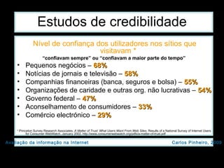 Estudos de credibilidade Nível de confiança dos utilizadores nos sítios que visitavam *   “ confiavam sempre” ou “confiavam a maior parte do tempo”   Pequenos negócios –  68% Notícias de jornais e televisão –  58% Companhias financeiras (banca, seguros e bolsa) –  55% Organizações de caridade e outras org. não lucrativas –  54%   Governo federal –  47% Aconselhamento de consumidores –  33% Comércio electrónico –  29% *  Princeton Survey Research Associates,  A Matter of Trust: What Users Want From Web Sites , Results of a National Survey of Internet Users for Consumer WebWatch, January 2002, http://www.consumerwebwatch.org/pdfs/a-matter-of-trust.pdf 