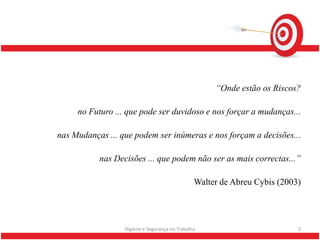 “Onde estão os Riscos?

     no Futuro ... que pode ser duvidoso e nos forçar a mudanças...

nas Mudanças ... que podem ser inúmeras e nos forçam a decisões...

           nas Decisões ... que podem não ser as mais correctas...”

                                                Walter de Abreu Cybis (2003)




                  Higiene e Segurança no Trabalho                          2
 
